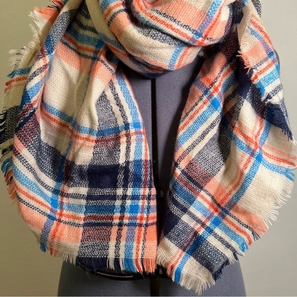 Oversized Blanket Scarf Cream Red Blue Plaid - Picture 3 of 5
